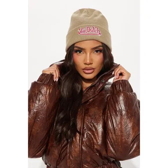 Von Dutch Embroidered Taupe Khaki Skull Beanie - Picture 2 of 6